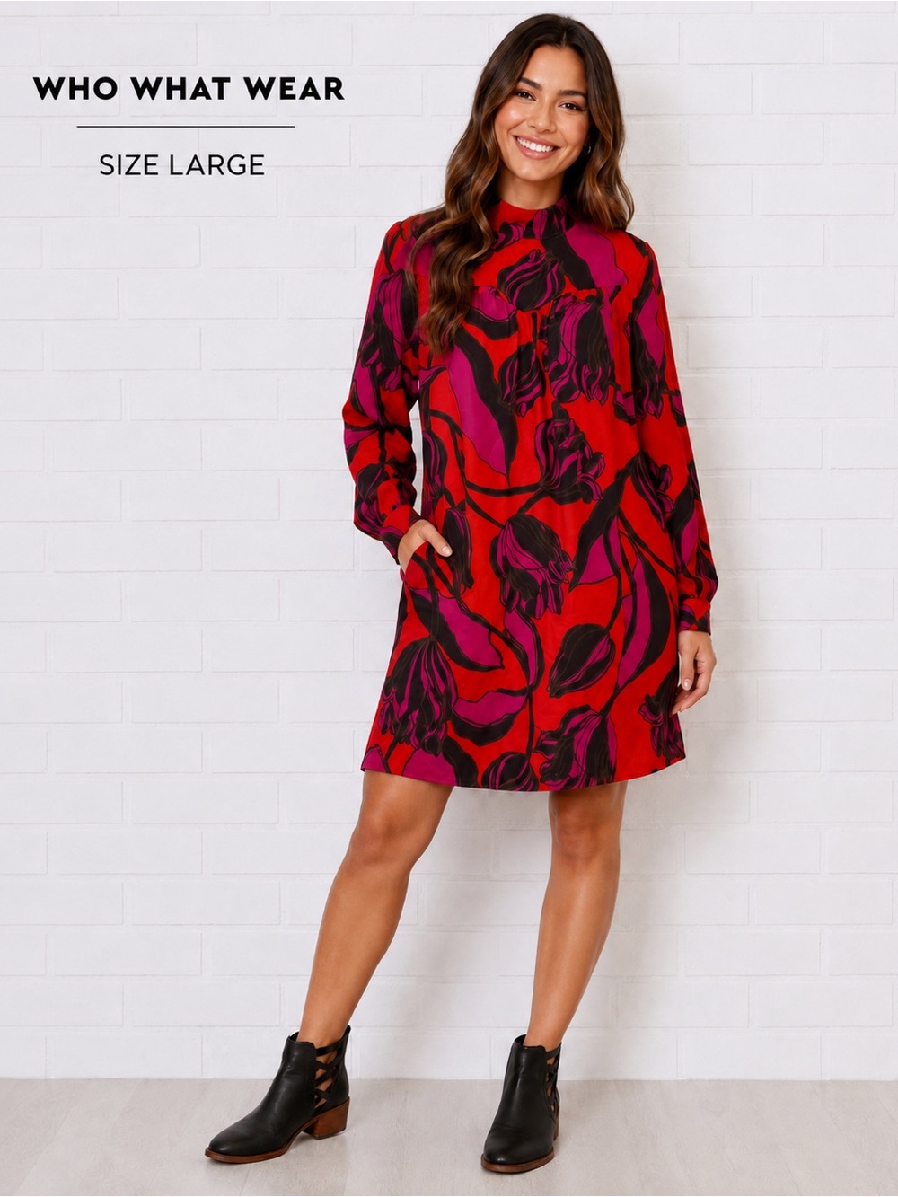 Who What Wear Floral Mock Neck Shift Dress Size L Red Pink Long Sleeve Pockets